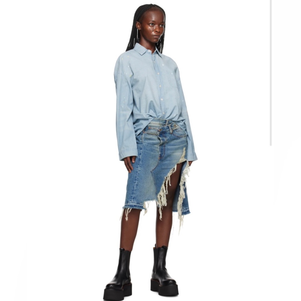 R13 Norbury blue denim distressed midi skirt